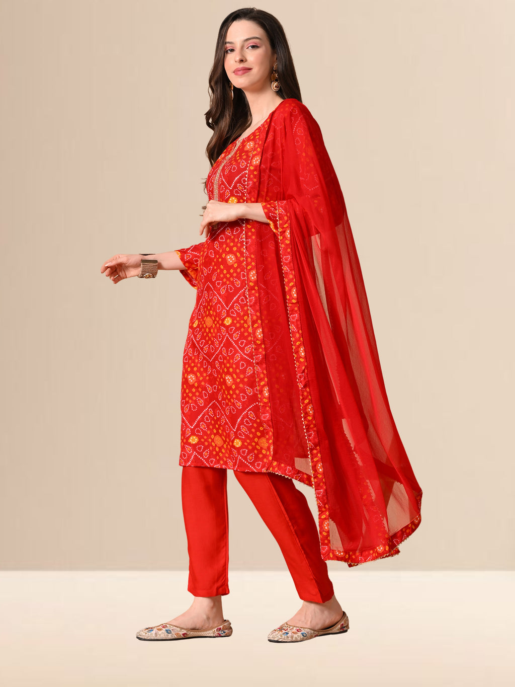 Red Bandhani Print Cotton Blend Kurta Set with Dupatta