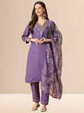 A woman wearing a mauve cotton blend kurta set with golden embroidery on the neck and a floral dupatta.