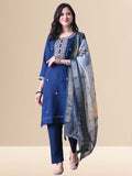 A woman posing in a royal blue embroidered cotton kurta set with matching pants and a light blue floral organza dupatta from The Desi Cloth.